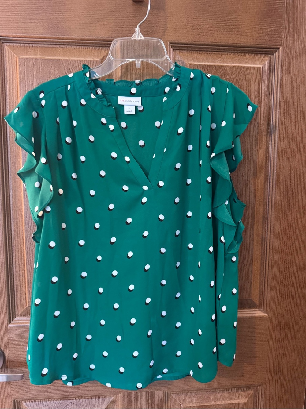 Liz Claiborne Green Polka Dot Flutter Sleeve Blouse Size Large